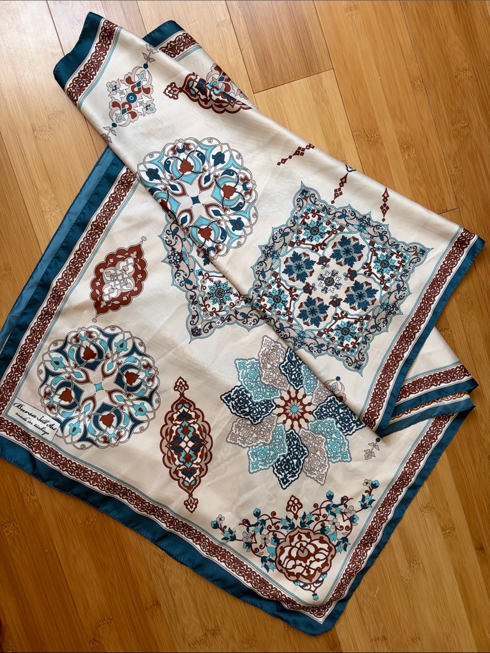 Women's Teal & Brown Patterned Silk Scarf - Picture 3 of 3